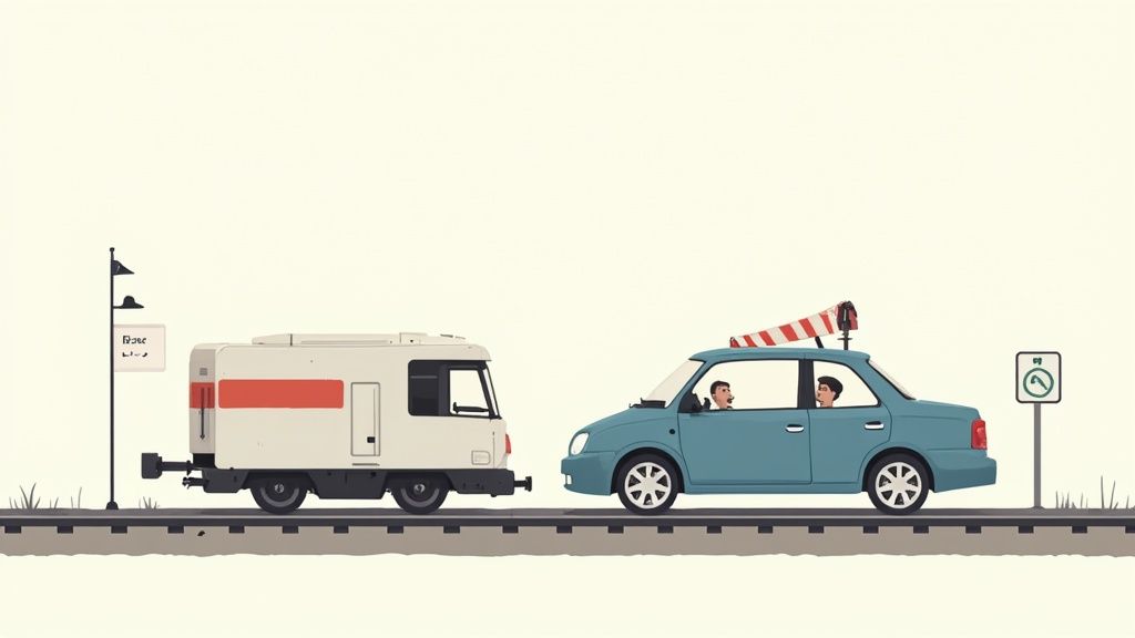 Blue car with roof rack passing parked RV camper on roadside with parking sign