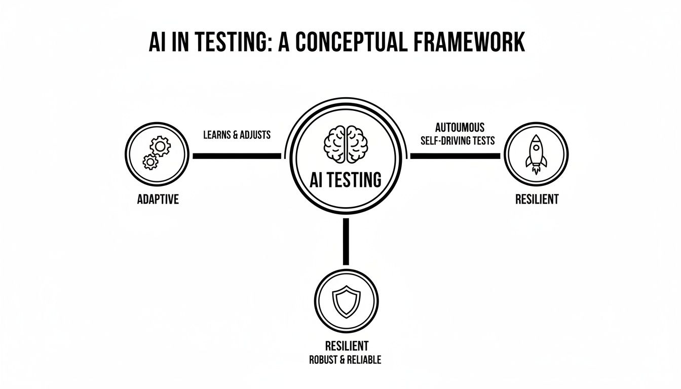 A conceptual framework diagram for AI in testing, highlighting adaptive, autonomous, resilient, robust, and reliable aspects.