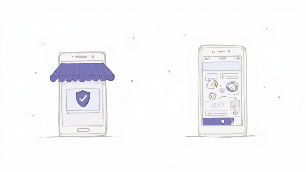 Two cartoon smartphones, one displaying a secure online store and the other a busy app interface.