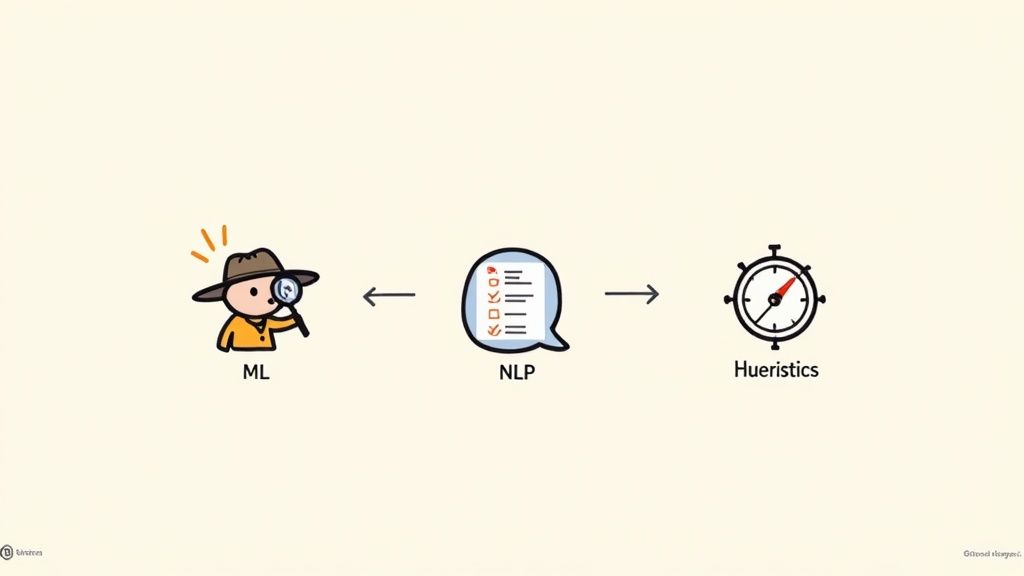 Cartoon diagram showing Machine Learning (ML), Natural Language Processing (NLP), and Heuristics interconnected with arrows.
