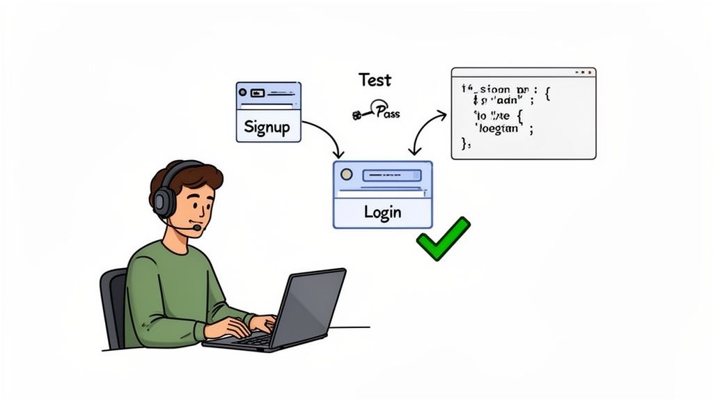 A person with a headset using a laptop to test signup and login processes, demonstrating GUI automation.