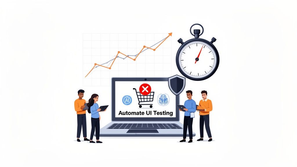 Four professionals review 'Automate UI Testing' on a laptop, improving software development efficiency and quality.