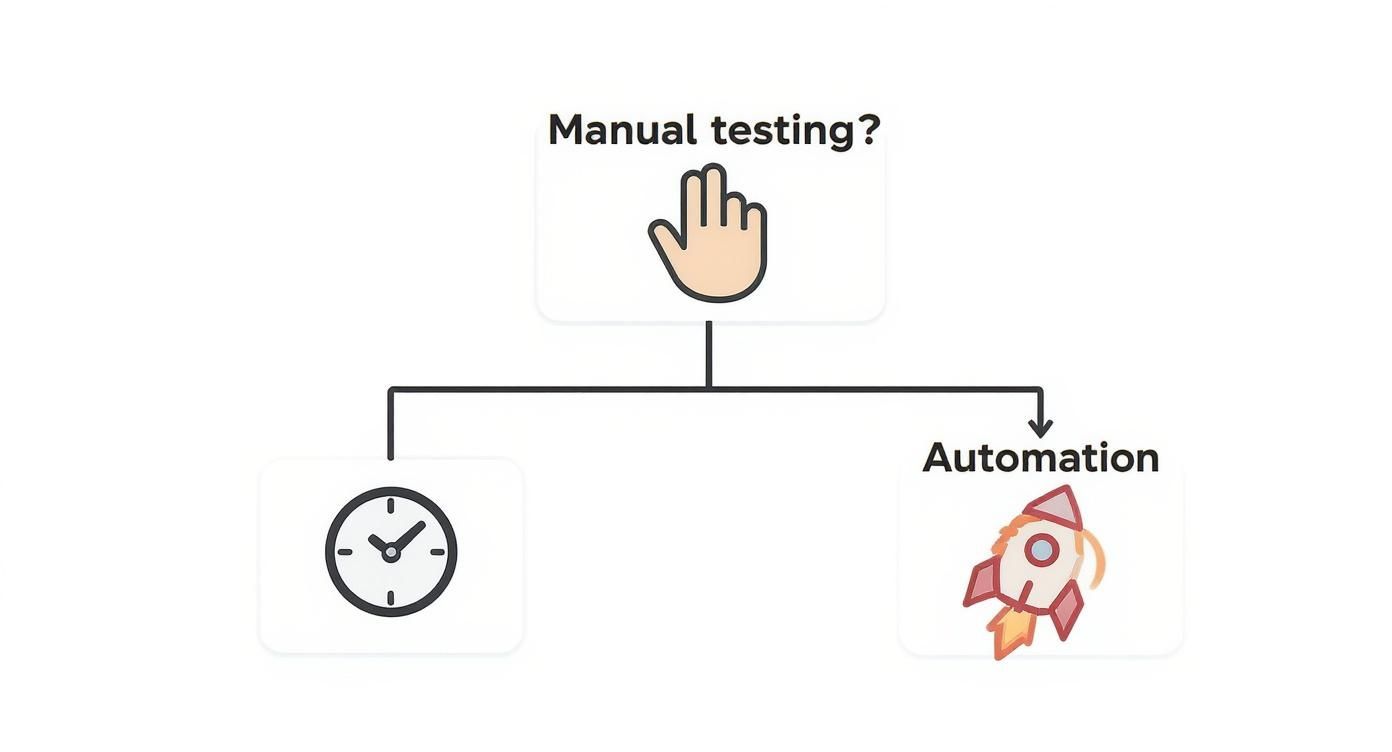 Flowchart comparing manual testing (represented by a clock icon) to automation (represented by a rocket icon) as testing options.