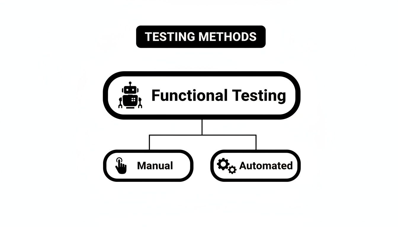 A flowchart diagram illustrating software testing methods, specifically functional testing, divided into manual and automated approaches.