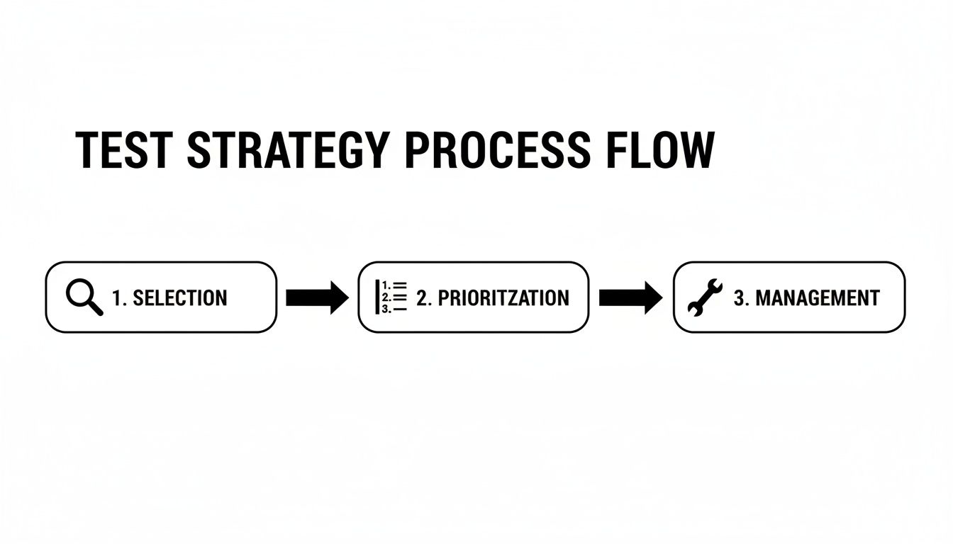 Flowchart outlining the test strategy process with three key steps: selection, prioritization, and management.