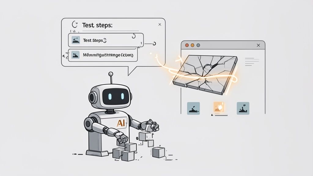An AI robot uses blocks to illustrate software testing, connecting test steps to a broken, glowing component.