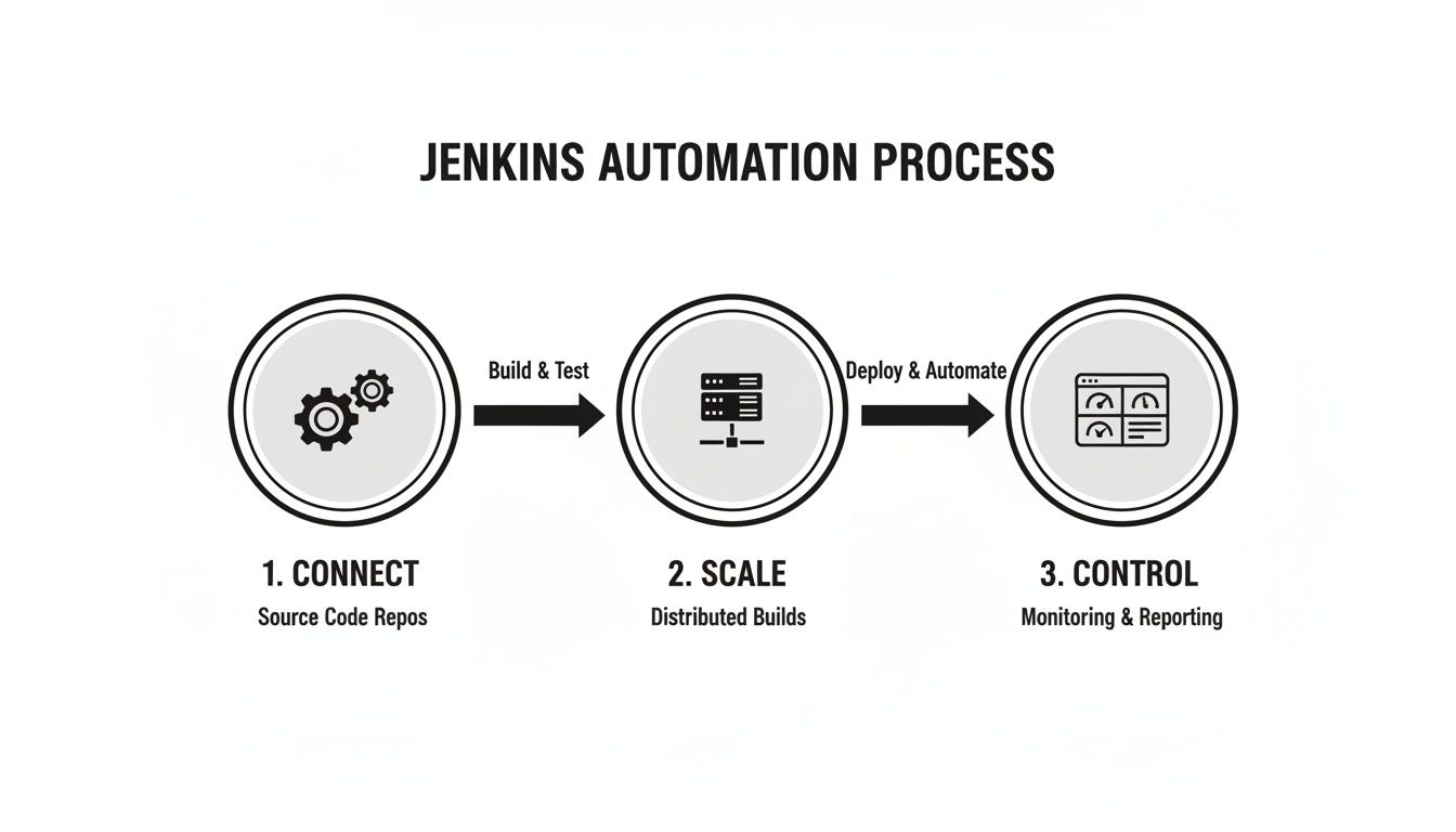 Diagram illustrating the Jenkins automation process with steps: Connect, Scale, and Control.