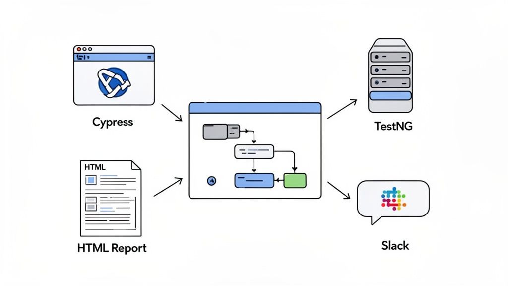 Diagram showing an automated testing workflow with Cypress, TestNG, HTML reports, and Slack integration.