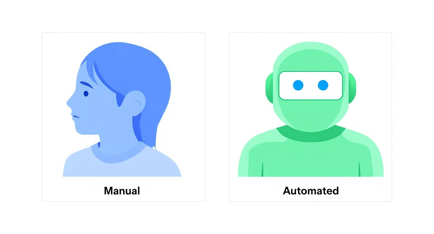 Illustrations of a human representing manual processes and a robot for automated processes.