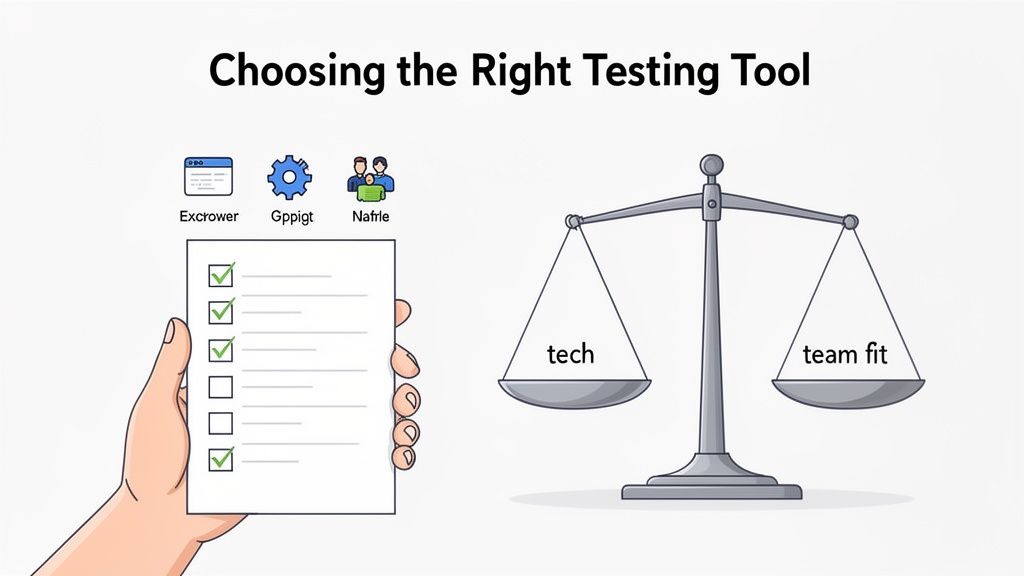 Illustration about choosing the right testing tool, showing a checklist, and a balance scale weighing 'tech' and 'team fit' equally.