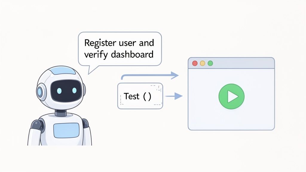 An AI robot instructs to register a user and verify the dashboard, initiating an automated UI test on a web browser.