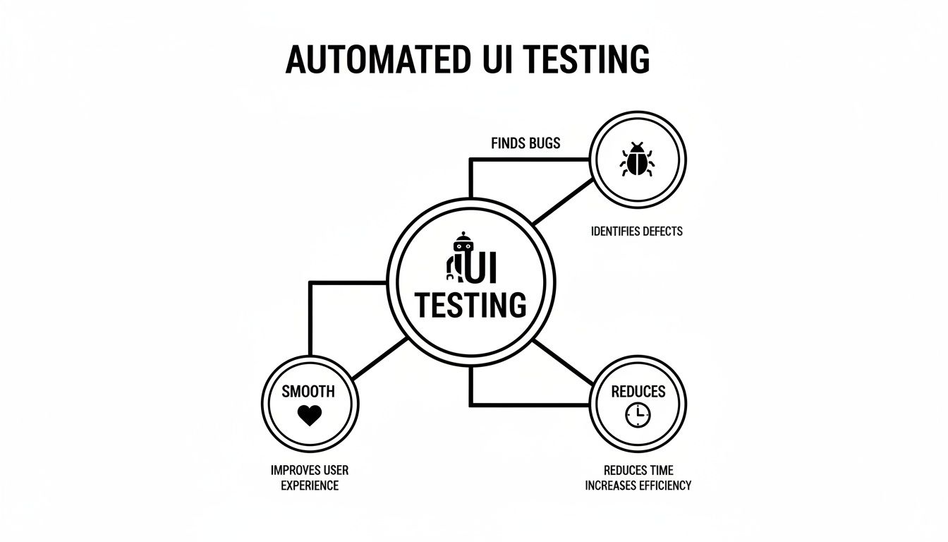 Diagram illustrating the benefits of automated UI testing: finds bugs, improves user experience, reduces time.