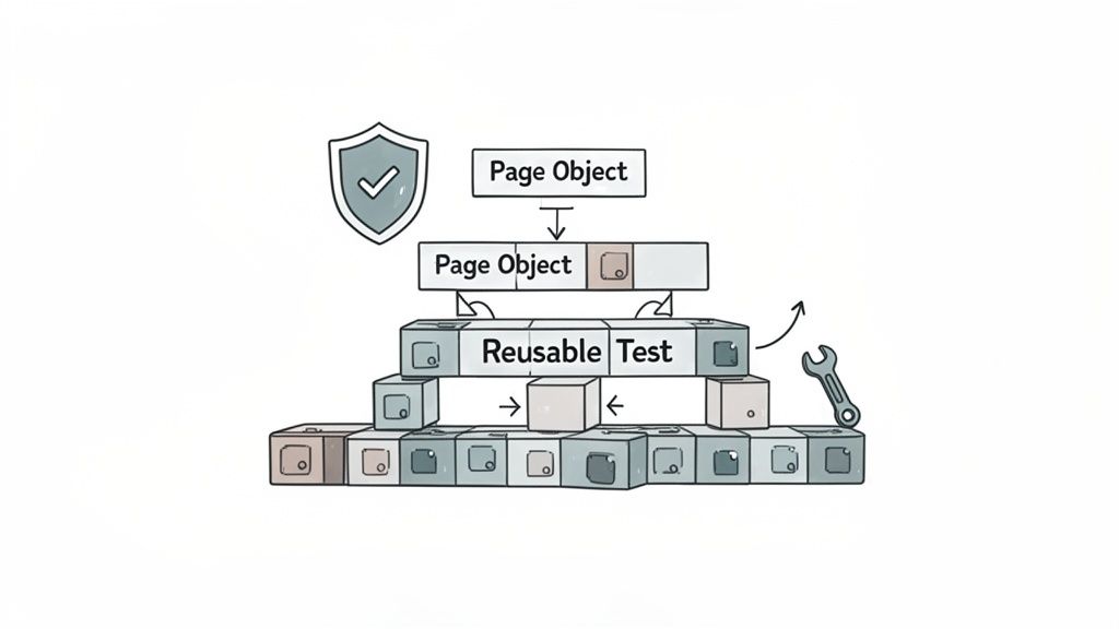 Diagram illustrating Page Object Model architecture for automated user interface testing with reusable components.