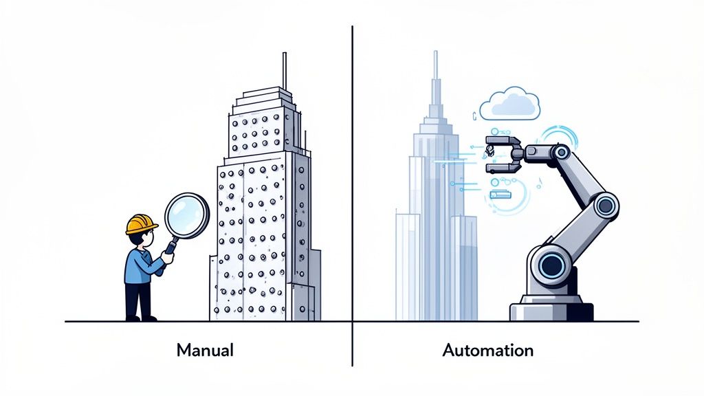 Illustration comparing manual building inspection with a magnifying glass to automated robotic process.