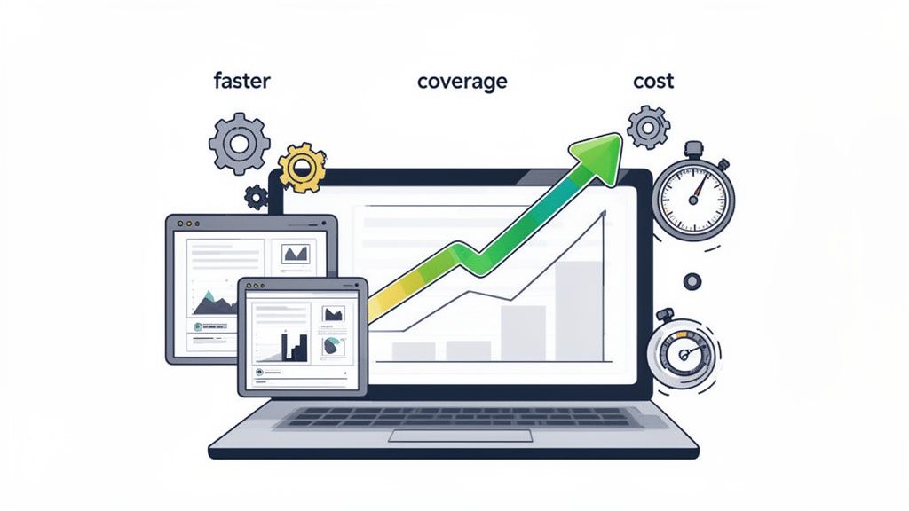 A laptop displaying a growing chart with icons for faster, coverage, and cost optimization, symbolizing efficient process improvement.