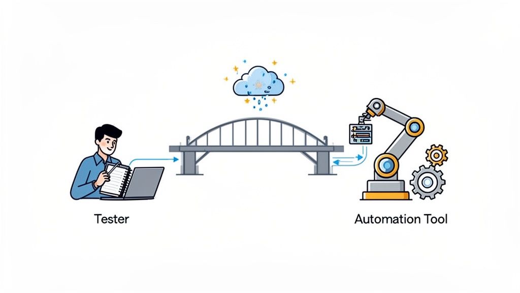 An illustration showing a tester connected via a bridge to an automation tool in a cloud environment.