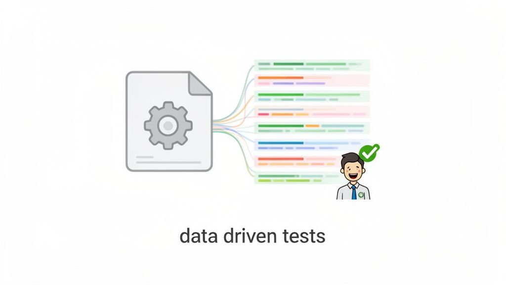 Illustration: A document with a gear processing data into multiple test cases, leading to a successful outcome.