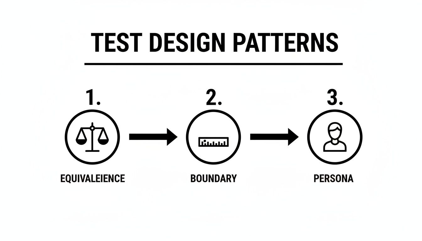 Diagram illustrating three test design patterns: Equivalence, Boundary, and Persona.