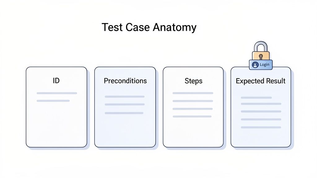 Diagram illustrating the key components of a test case: ID, preconditions, steps, and expected result.