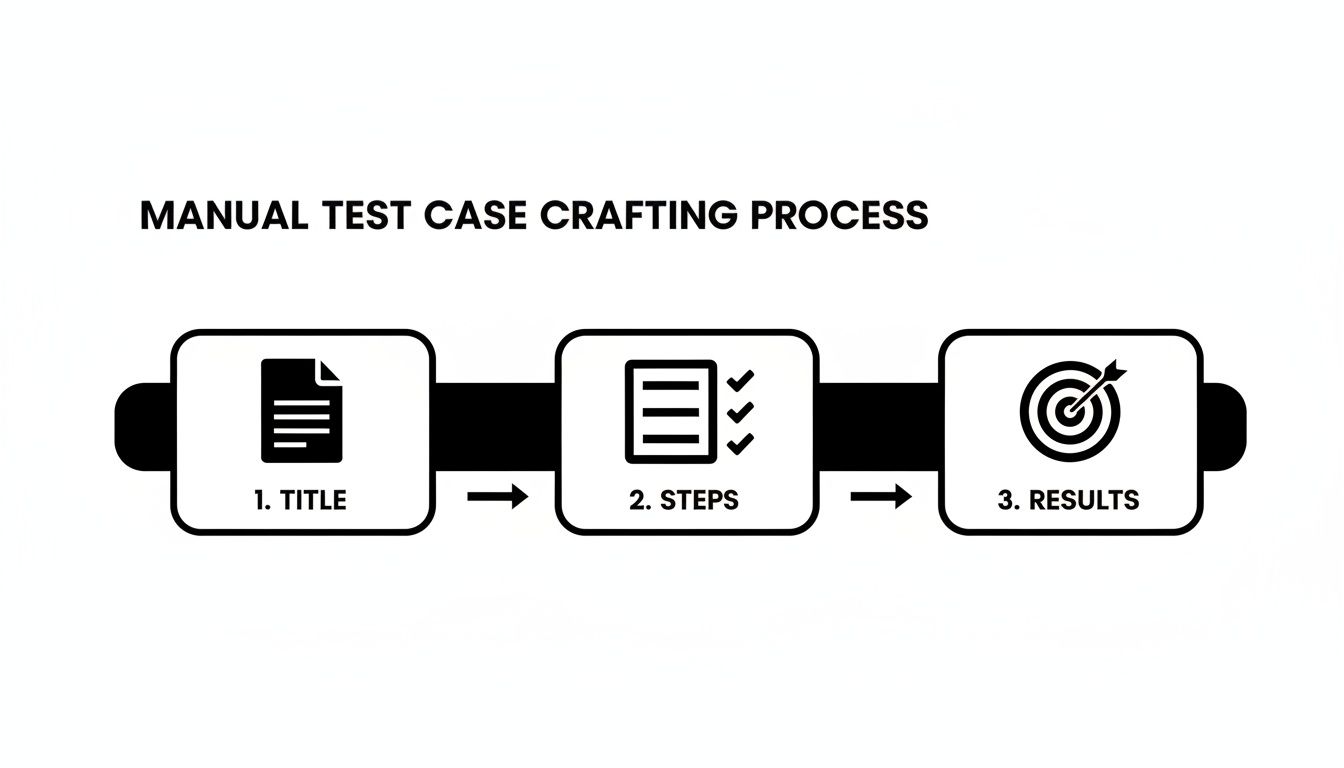 A flowchart illustrating the manual test case crafting process, detailing steps from title to results.