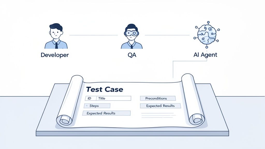 An AI agent helps a developer and QA engineer write a detailed software test case document.