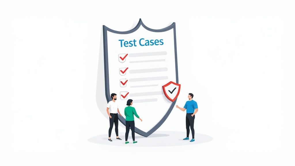 Three people discuss software test cases displayed on a large shield-shaped document with checkmarks.