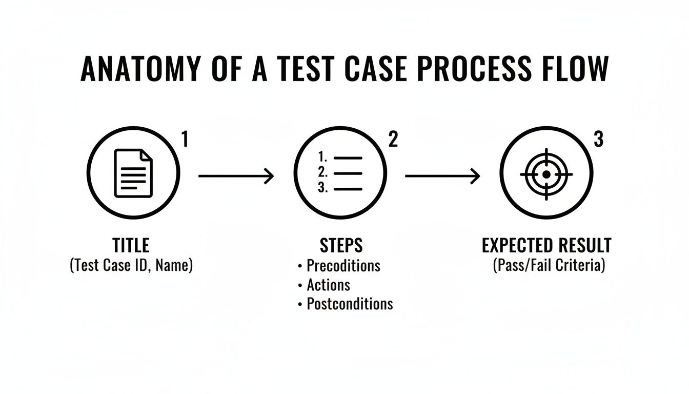Diagram illustrating the anatomy of a test case process flow, detailing title, steps, and expected results.