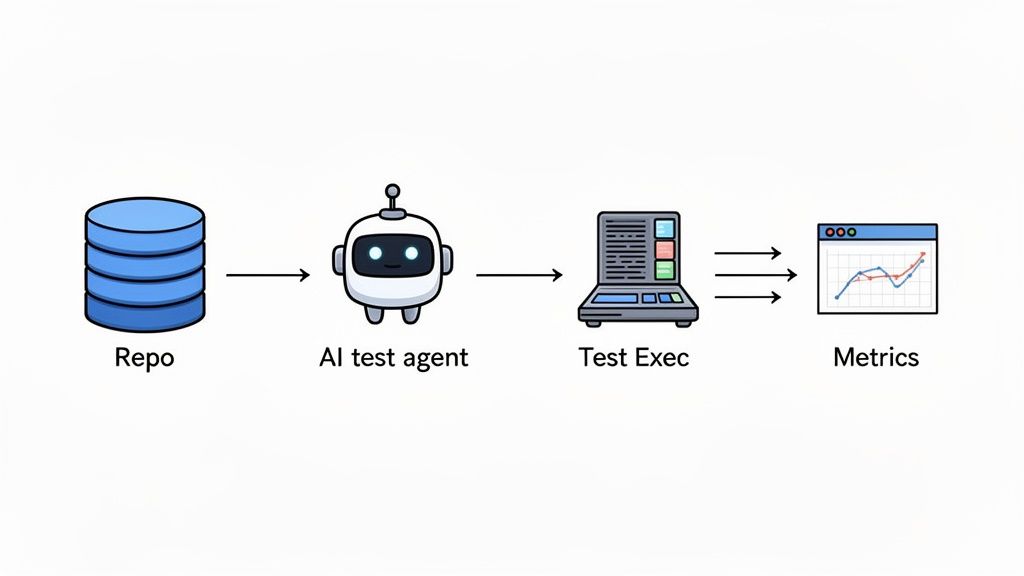 A flow diagram illustrating a test automation process from a repository to metrics, using an AI test agent.
