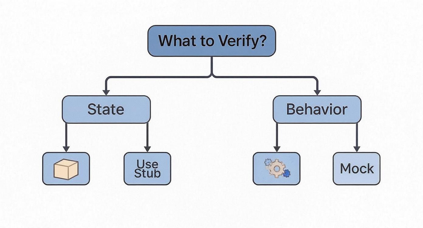 A flowchart detailing verification strategies: state-based testing with stubs, and behavior-based testing with mocks.