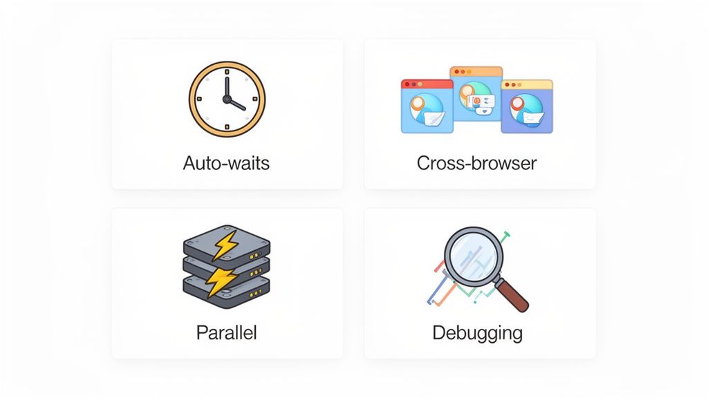 Four cards showcasing automated software testing features: auto-waits, cross-browser, parallel execution, and debugging.
