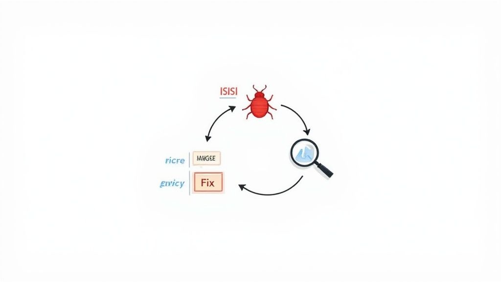 A diagram illustrates a cyclical bug fixing process: bug identification, analysis with a magnifying glass, and solution implementation.