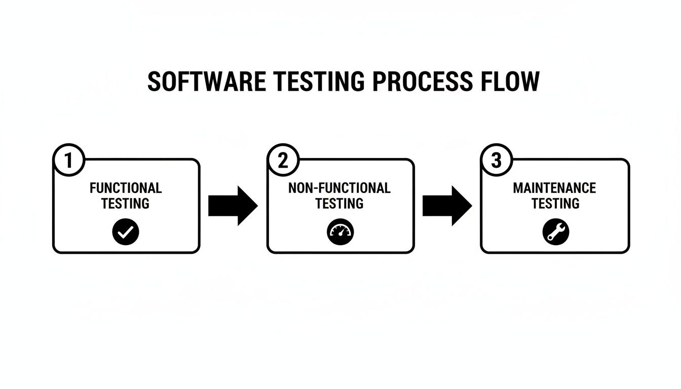 A flowchart illustrates the software testing process: functional, non-functional, and maintenance testing stages.