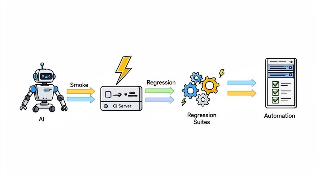 A workflow diagram showing AI triggering CI server, smoke tests, regression suites, and automation.