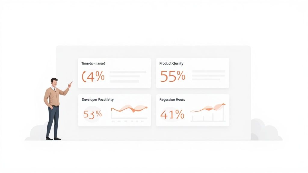 A man points at a business dashboard showing time-to-market, product quality, developer productivity, and regression hours metrics.