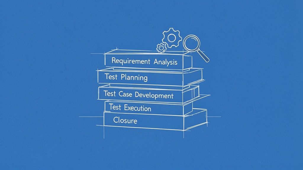 Blueprint sketch illustrating the five phases of the software testing life cycle with gears and a magnifying glass.