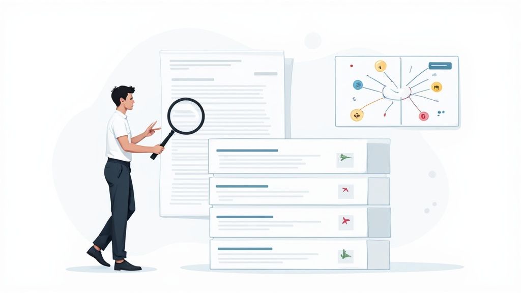 Man reviewing documents with magnifying glass, alongside data lists showing approvals/rejections and a mind map.