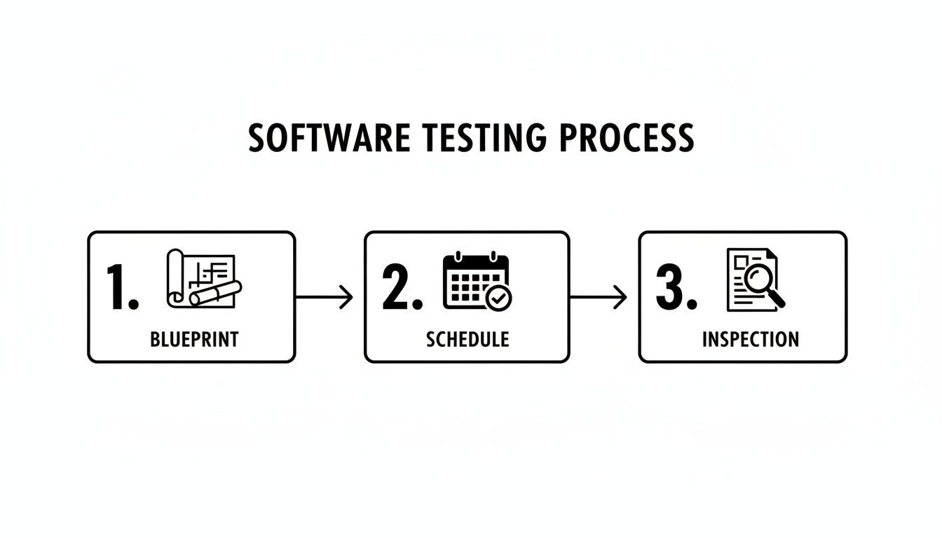 A visual representation of the software testing process, showing three steps: blueprint, schedule, and inspection.