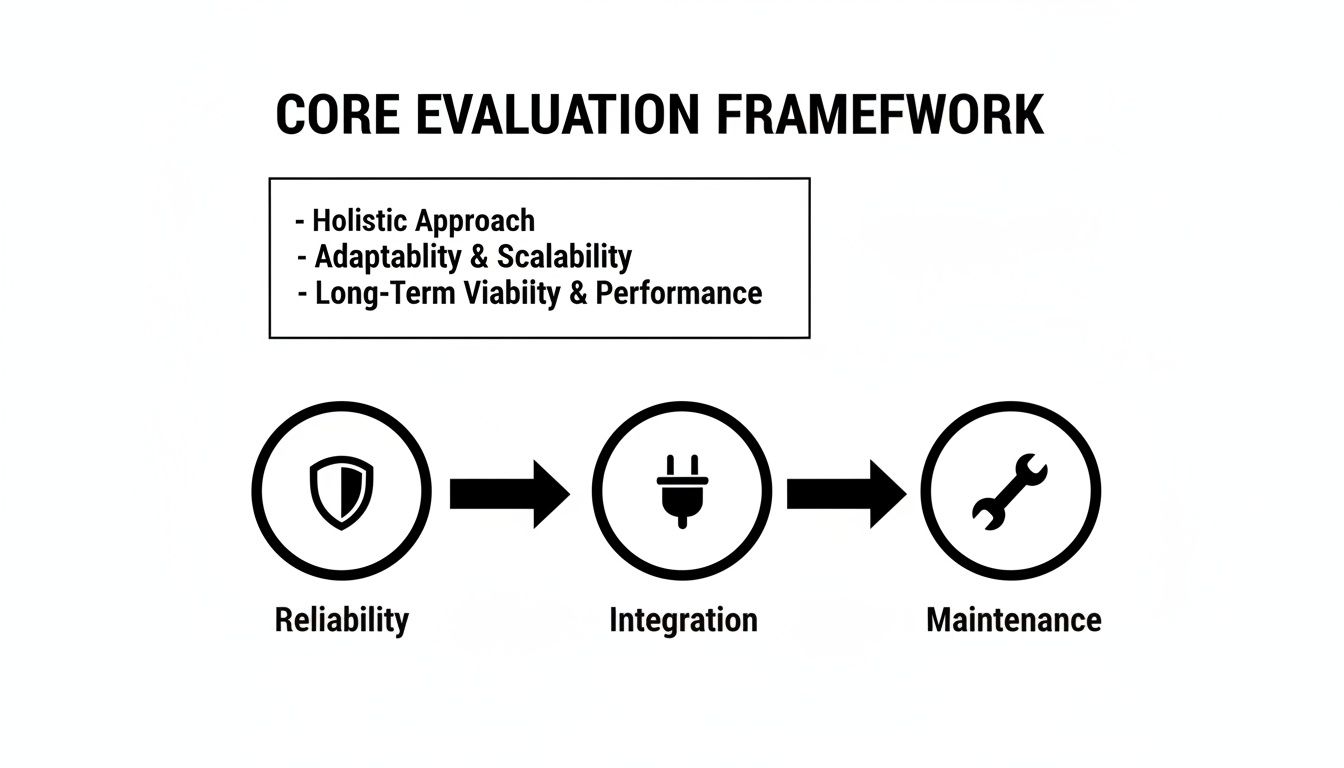 Core evaluation framework showing reliability, integration, and maintenance steps with key principles.