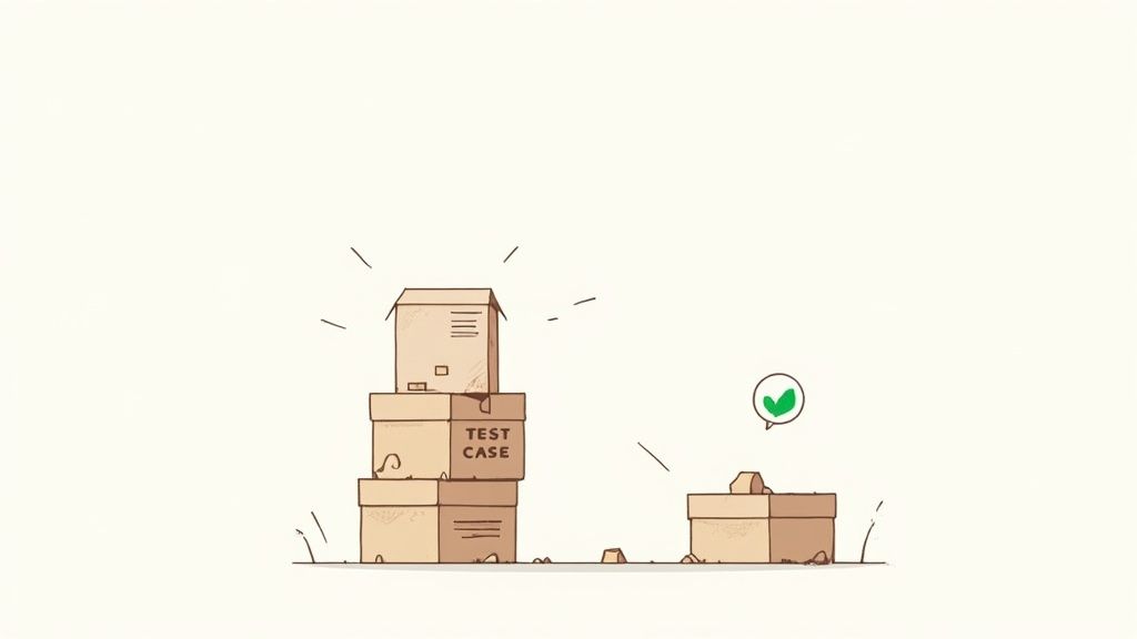 Illustration of 'TEST CASE' boxes stacked, next to a single box with a green success checkmark.