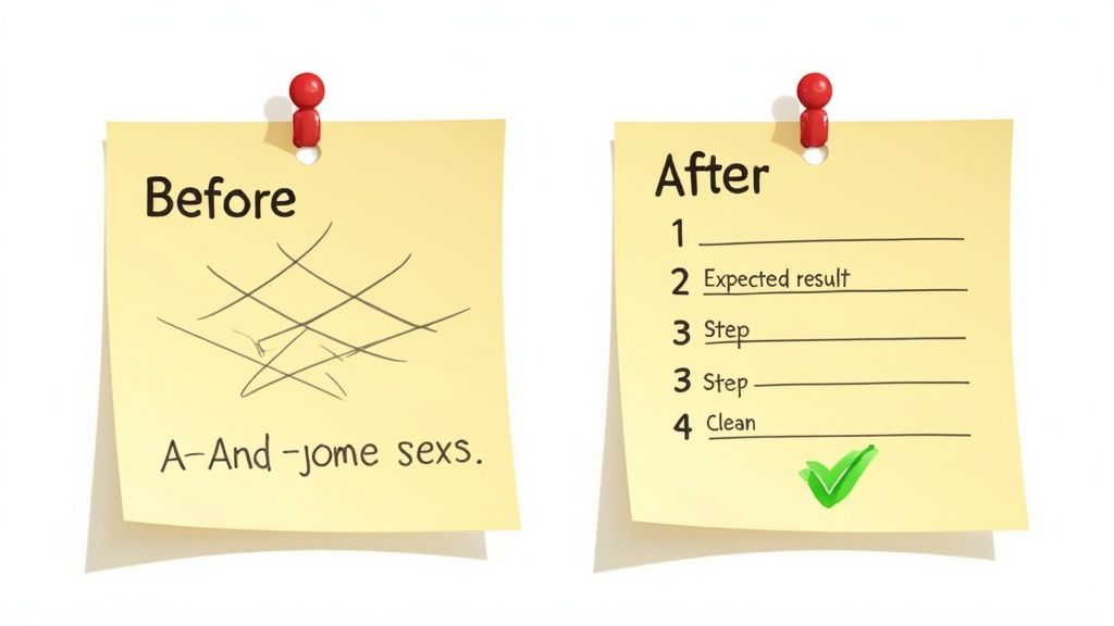 Two sticky notes contrasting a messy 'Before' state with a clear, organized 'After' checklist.