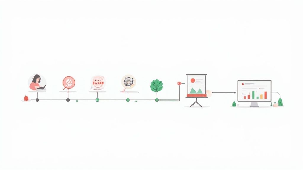 Illustrated workflow showing data processing, analysis, and reporting on screens.