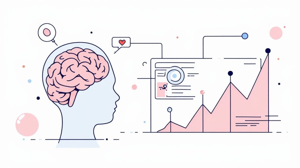 Illustration of a brain processing data, connected to a dashboard displaying charts and analytics.