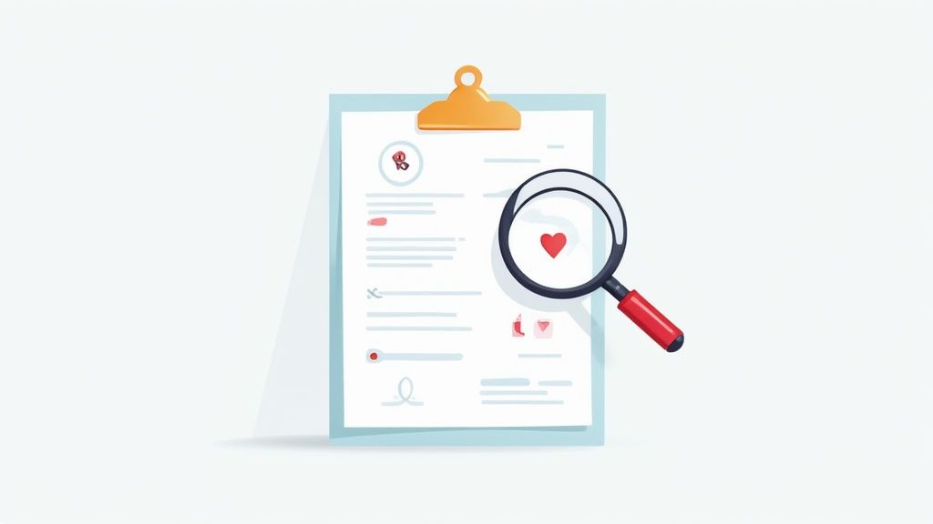 Medical report on clipboard with magnifying glass highlighting red heart symbol for health examination