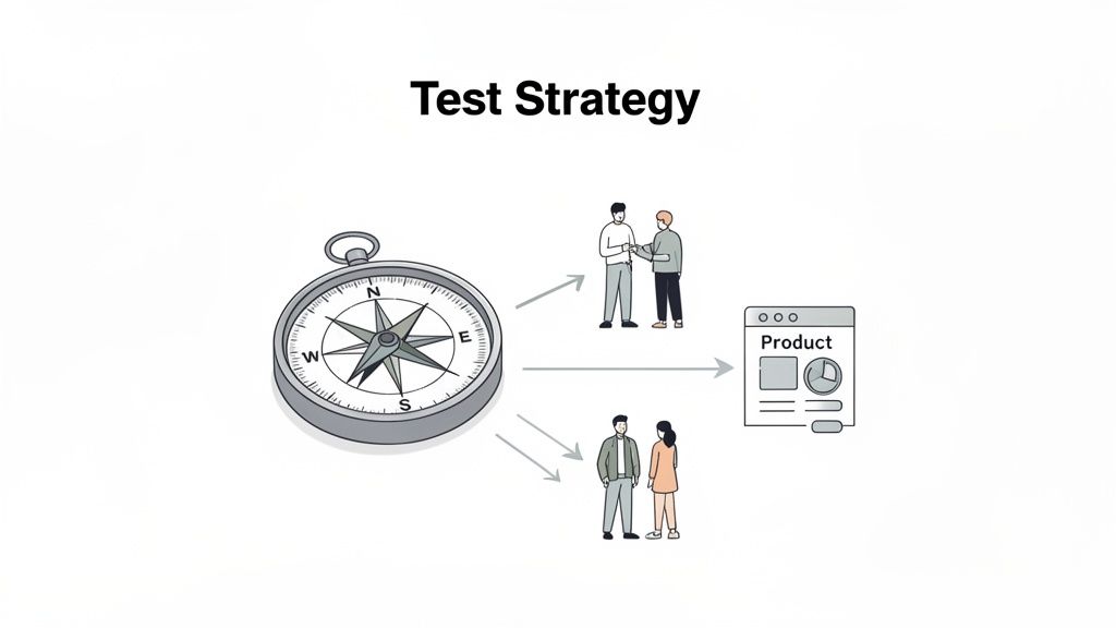 Illustration showing a compass guiding two groups of people towards a product interface, representing a test strategy.