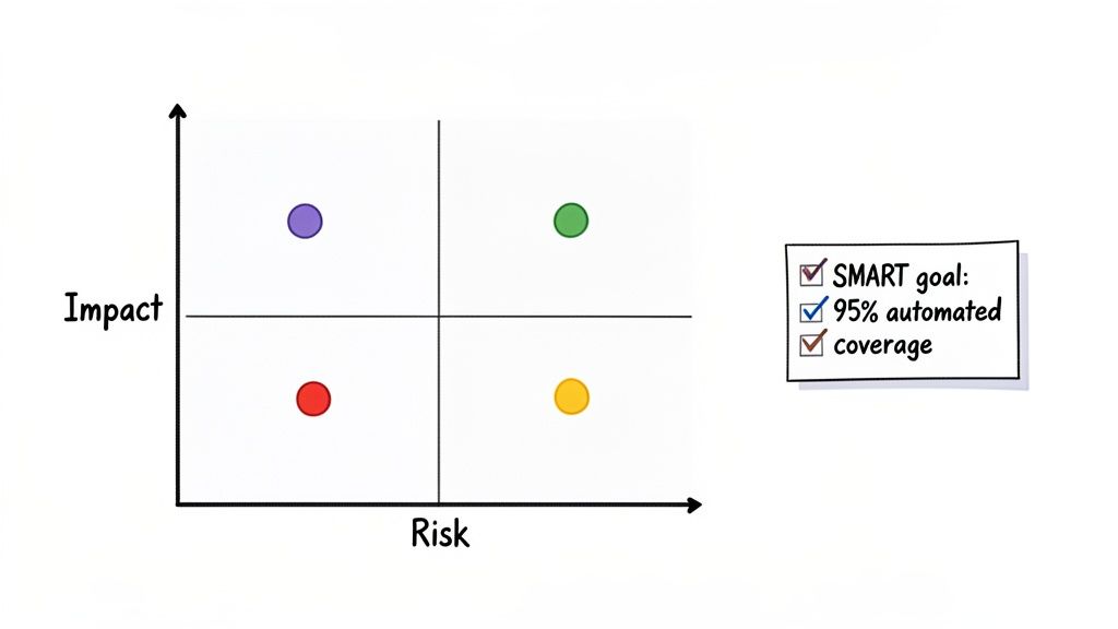 A risk-impact matrix with four colored dots, next to a SMART goal for 95% automated test coverage.