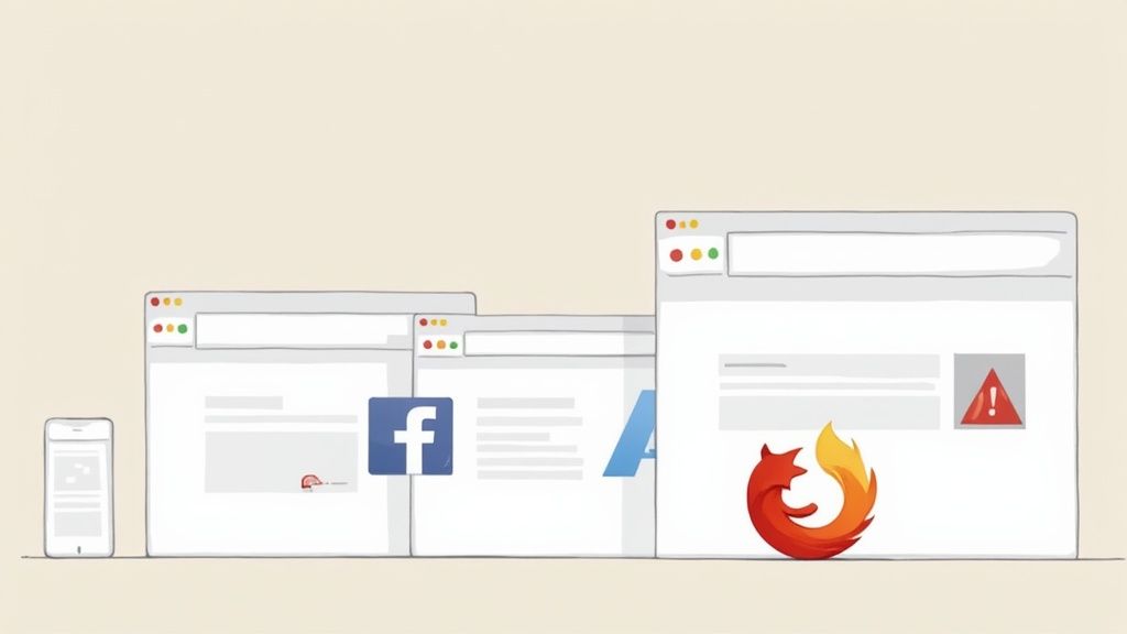 A mobile phone and various web browser windows showing different websites, including Facebook, and the Firefox logo with a warning.