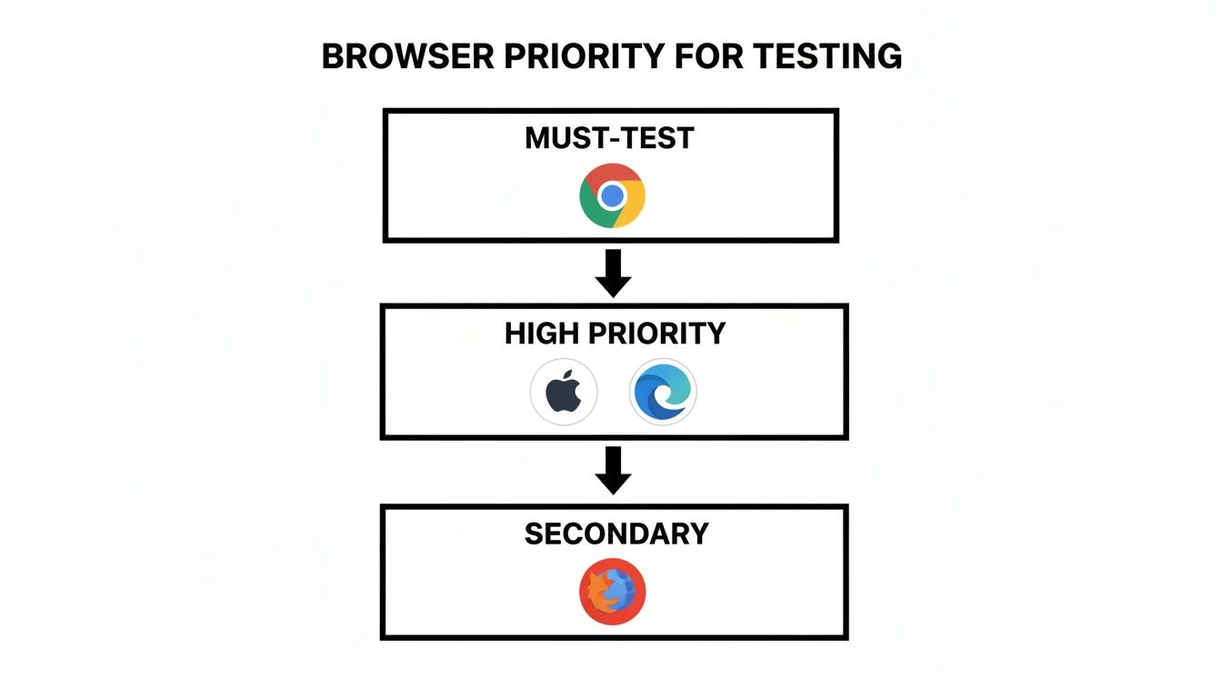 Browser testing priority list showing Chrome as must-test, Safari and Edge as high priority, and Firefox as secondary.