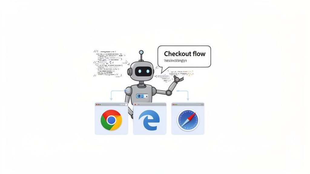 An automation robot executes a 'Checkout flow' test across Chrome, Edge, and Safari browsers.