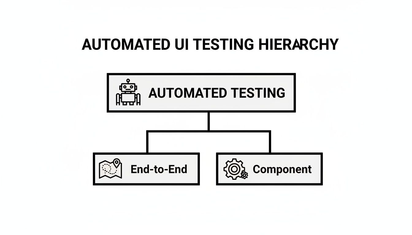 Diagram illustrating the automated UI testing hierarchy, showing Automated Testing splitting into End-to-End and Component tests.
