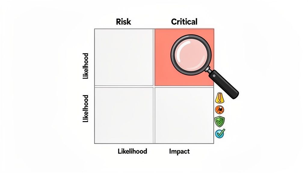 A two-by-two risk assessment matrix with 'Likelihood' and 'Impact' axes, highlighting a 'Critical' area for analysis.